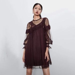 Zara Brown Ruf­fled Tulle Dress Sz L